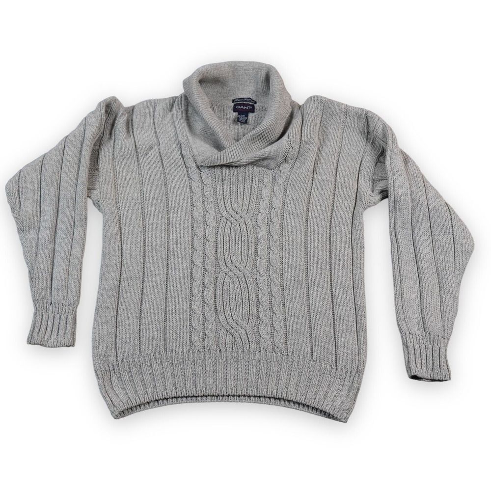 GANT Hand Framed Sweater Heavy Cotton Medium Gray Shawl Collar Fisherman Cable